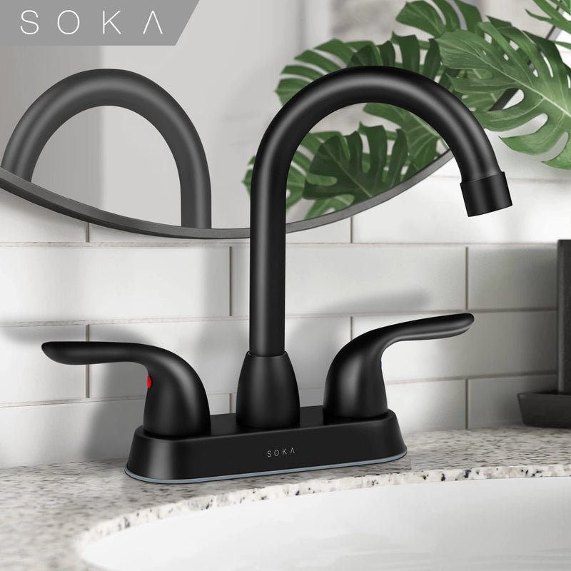 SOKA 2 Handle Bathroom Faucet Black, 4 Inch Black Bathroom Sink Faucet Centerset with Lift Rod Drain Stopper and Supply Hoses, RV Bathroom Faucet 3 Holes, Matte Black Bathroom Faucet - Image 2